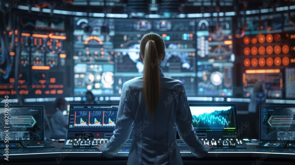 Poster engineer controller observes system operation. in the background, people work and monitors display v
