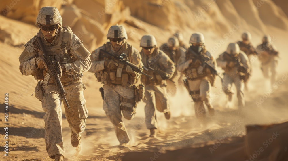 Wall mural Soldiers in the desert rushing forward and attacking the enemy.