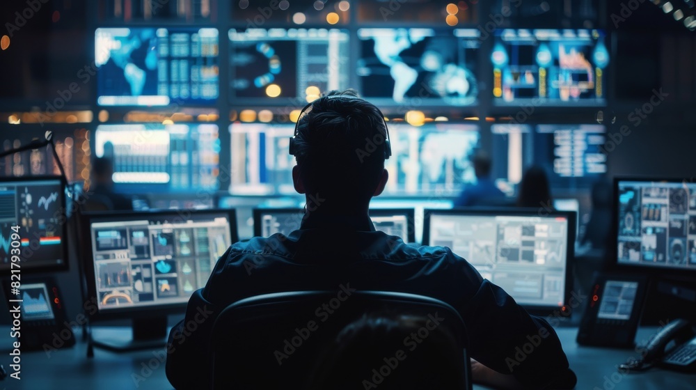 Poster the image shows a close-up of a professional technical controller seated at his desk with a number o