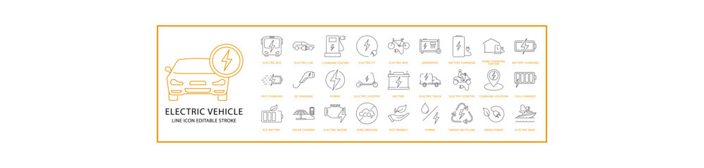 Electric Vehicle Icons. Electric Vehicle Icon Set. Electric Vehicle Line Icons. Vector Illustration. Editable Troke.