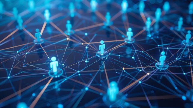 The image shows a network of connected people. It could be used to represent a social network, a business network, or any other type of network. The image is blue and white.