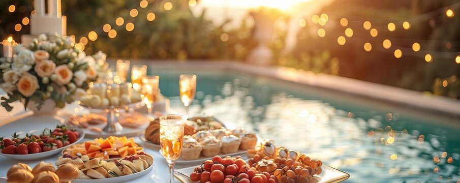 Elegant pool party with sophisticated decor and gourmet snacks, warm sunset hues, oil painting, luxurious and refined