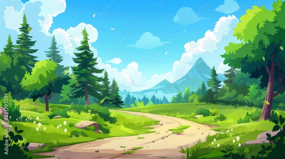 Poster the modern illustration shows an animated 2d scene with a dirt road going along a green field with c