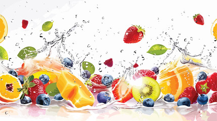 Pouring of water on ripe fruits against white background