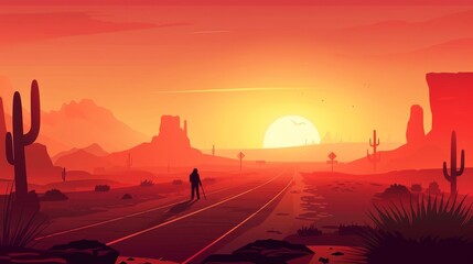 Posters with a man hiking and a girl silhouette on a road in a desert. Modern illustration depicting a desert landscape with highway, rocks, and tourists.