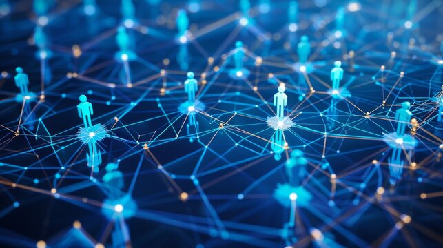 The image shows a network of glowing blue dots and lines representing people and their connections.