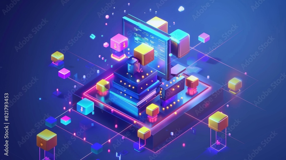 Aufkleber isometric landing page for data classification, system of electronic databases in businesses. colour