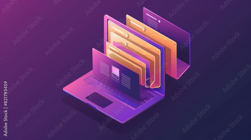 Poster a modern landing page to organize data with an isometric laptop and folders. concept for sorting and
