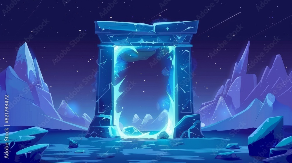 Poster an ancient arch with a mystic blue glow on a mountain landscape with a magic portal in stone frames 