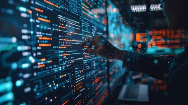 Programmer working on computer codes with multiple screens in dark room, focusing on cybersecurity and software development.