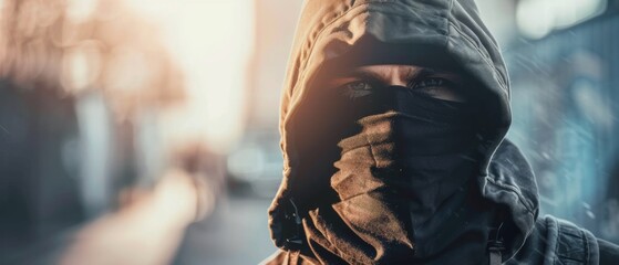 A man wearing a hoodie and scarf is standing in front of a building