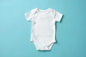 Blank white cotton baby short sleeve bodysuit top view isolated on pastel blue background