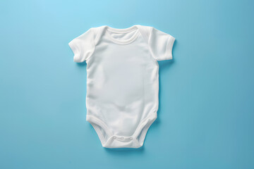 Blank white cotton baby short sleeve bodysuit top view isolated on pastel blue background