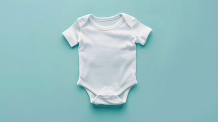 Blank white cotton baby short sleeve bodysuit top view isolated on pastel blue background