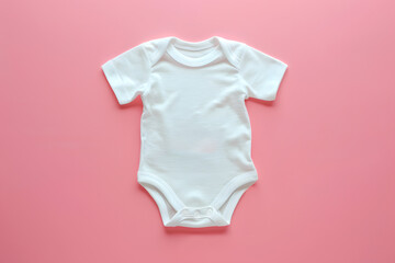 Blank white cotton baby short sleeve bodysuit top view isolated on pastel pink background