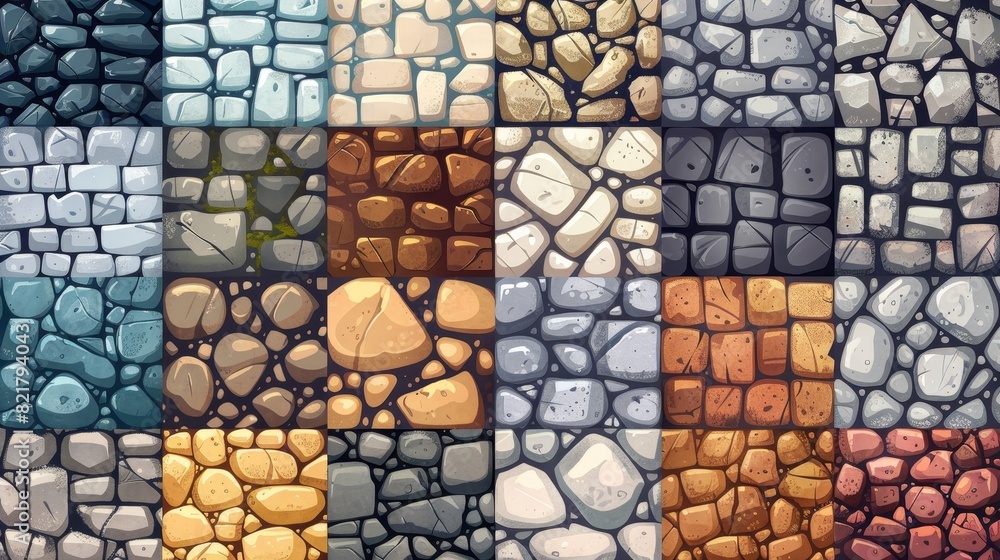 Aufkleber game background with stone textures of pavement and squares. modern cartoon seamless patterns of cob