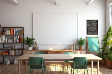 Blank poster on a whiteboard in a modern classroom, educational materials around