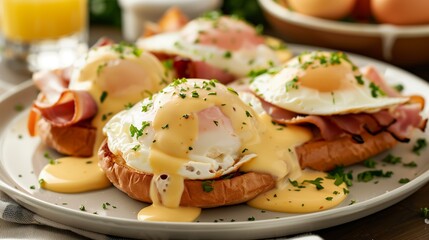 Picture-perfect Eggs Benedict adorned with savory ham, promising a mouthwatering start to your day.