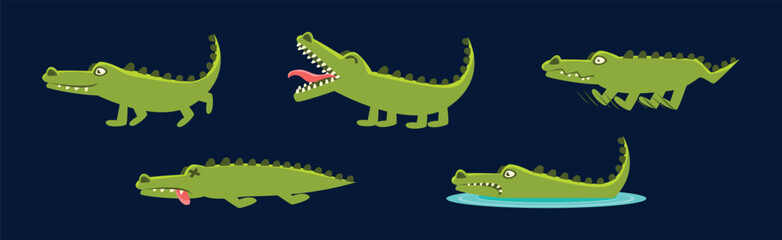 Cute Green Crocodile Animal Engaged in Different Activity Vector Set