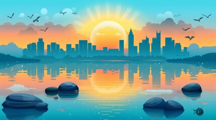 An illustration of sunrise in a lake or river with stones in the water, city buildings, and a sun on the horizon. Modern illustration of sunrise in a sea landscape with skyscrapers on the horizon and