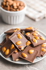 Broken chocolate bar with almonds on plate on kitchen table.