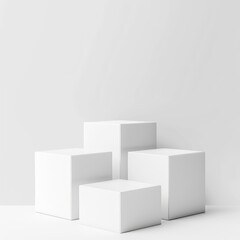 White 3D cubes on white background. Abstract minimal geometric shapes. Empty podiums for product presentation. Modern showcase for product display.