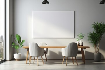 Blank poster on a wall in a modern office, sleek furniture, bright lighting