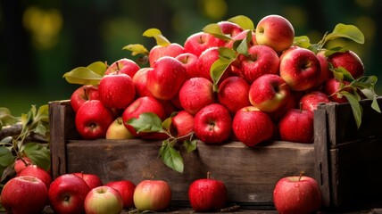 Freshly picked apples in a wooden crate, farm background, vibrant colors, copy space,