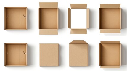 Boxes with empty contents, brown carton package in front, top and angle view. Modern realistic mockup of open crates for fragile cargo, parcels, storage, and shipping without background.