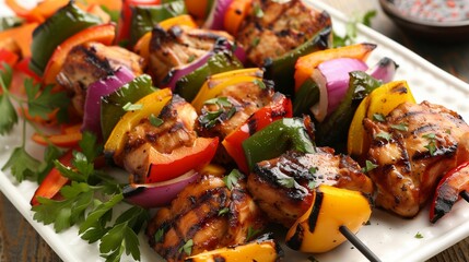 Close-up of smoky grilled chicken kebabs intertwined with vibrant, freshly chopped vegetables. 