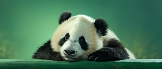 Obraz premium Sad panda on green background, soft lighting, space for text