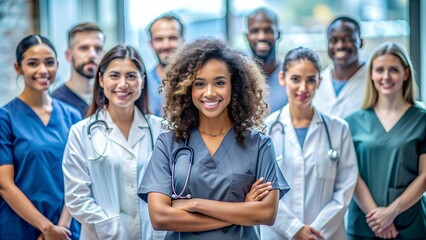 Young Female Nursing Student with Diverse Medical Team - Inclusive Healthcare Concept, Junior Doctor Portrait, Medical Internship