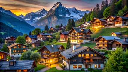 Analog-Style Image of a Swiss Alpine Village - Raw Stock Photo