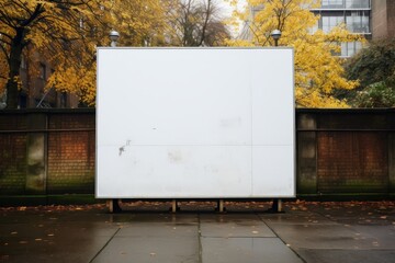Blank poster on a community notice board, people interacting around