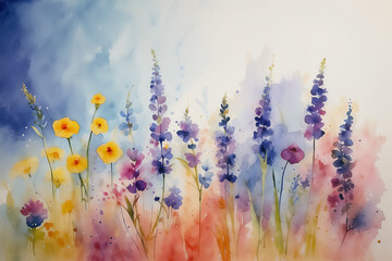 Watercolor impressionist  illustration of wildflowers in a meadow with a blue sky background. Watercolor art isolated on white background. Floral illustration for greeting card and poster