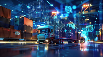Transportation and logistic network distribution growth. Container cargo ship and trucks of industrial cargo freight for shipping. Business logistic import export with generative ai