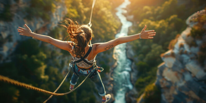 Bungie jumping. The girl overcomes her fear and jumps from a great height to the bottom. Extreme sport