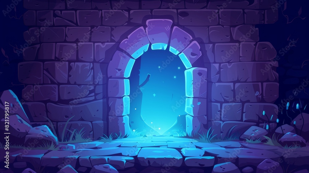 Poster sculptured stone portal in stone frame on rock ledge at night. modern parallax background ready for 