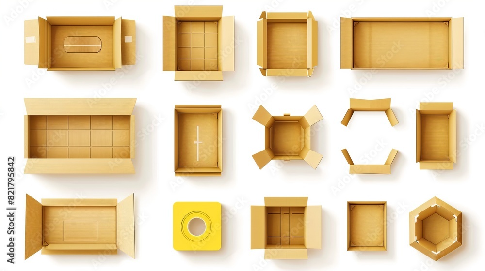 Poster modern realistic mockup of top view of open and closed crates for fragile cargo isolated on white ba