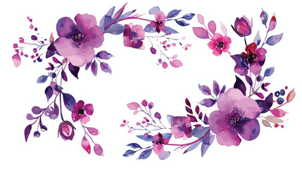 Purple pink watercolor floral frame isolated on white