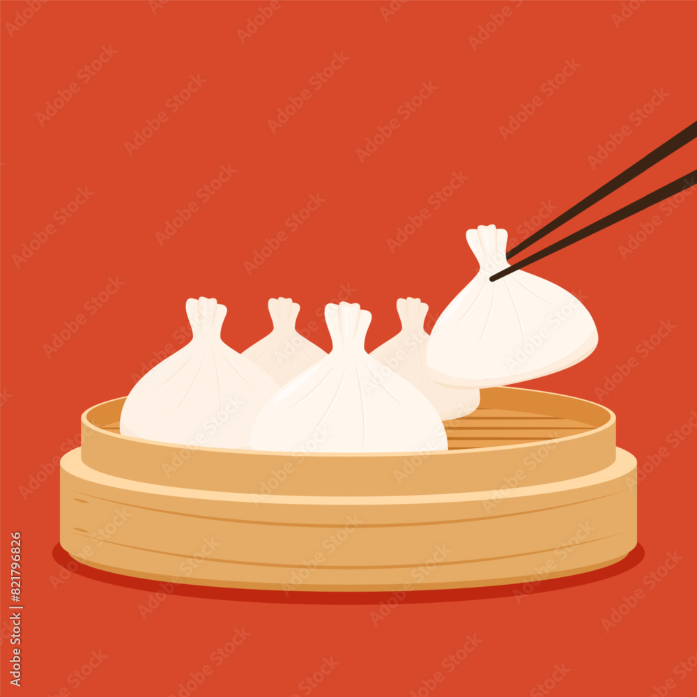 Wall mural dim sum food sets. steamed dumplings banner template isolated on red. asian traditional cuisine. vec