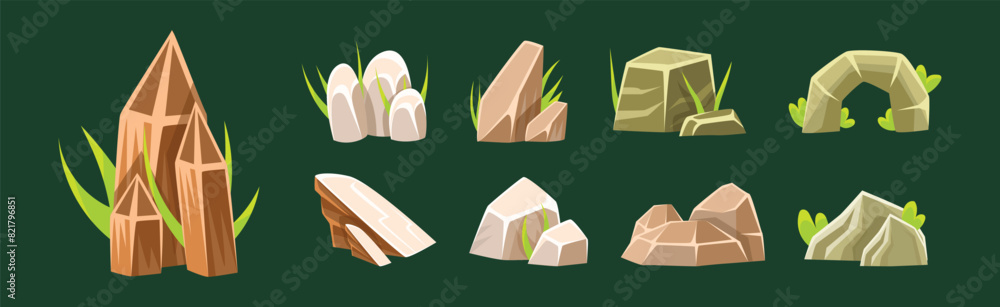 Poster rock and mountain rough terrain game element vector set