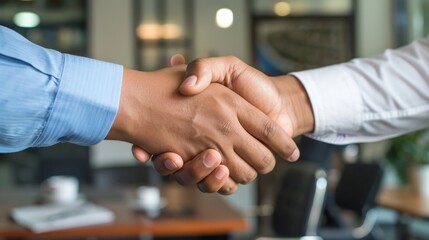 Two business people shaking hands in agreement.