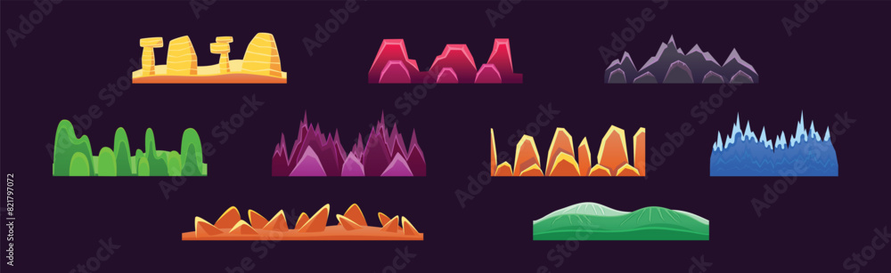 Poster rock and mountain landscape game design element vector set