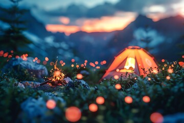 Family setting up a campsite in a meadow, with a tent, campfire, and mountains in the background, Outdoor, 3D, Warm and inviting, Adventurous and bonding