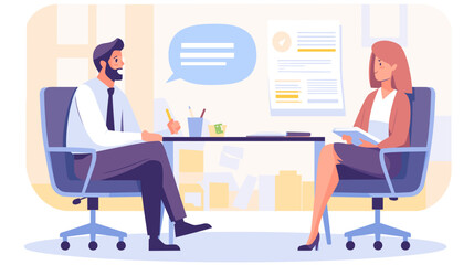 a man and a woman sitting in chairs facing each other. The man is wearing a suit and tie, and the woman is wearing a business suit. it appears that they are having a job interview.