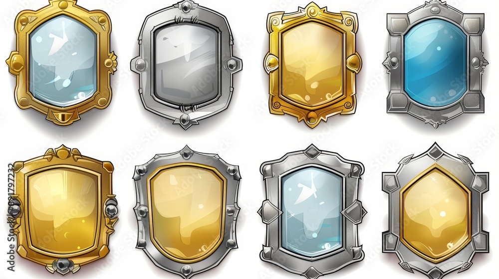 Aufkleber fantasy gold and silver game frames in medieval style. set of modern cartoon elements with empty old