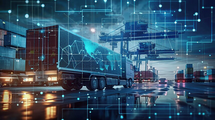 Transportation and logistic network distribution growth. Container cargo ship and trucks of industrial cargo freight for shipping. Business logistic import export with generative ai