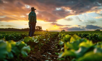 Fototapeta premium A farmer wanders away, showcasing the vastness of the farmland with golden hour tones illuminating the horizon