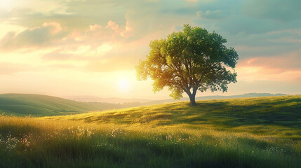Obraz premium A peaceful landscape with a single, radiant tree at its center, symbolizing the soul's inner peace and strength.